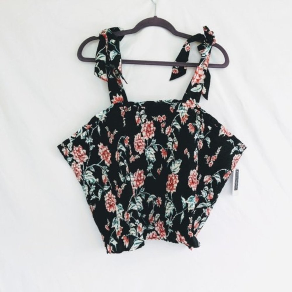 New W Tag BP 4X Plus Black Floral Halter Tank Top Shirt Tie Straps Shirred
